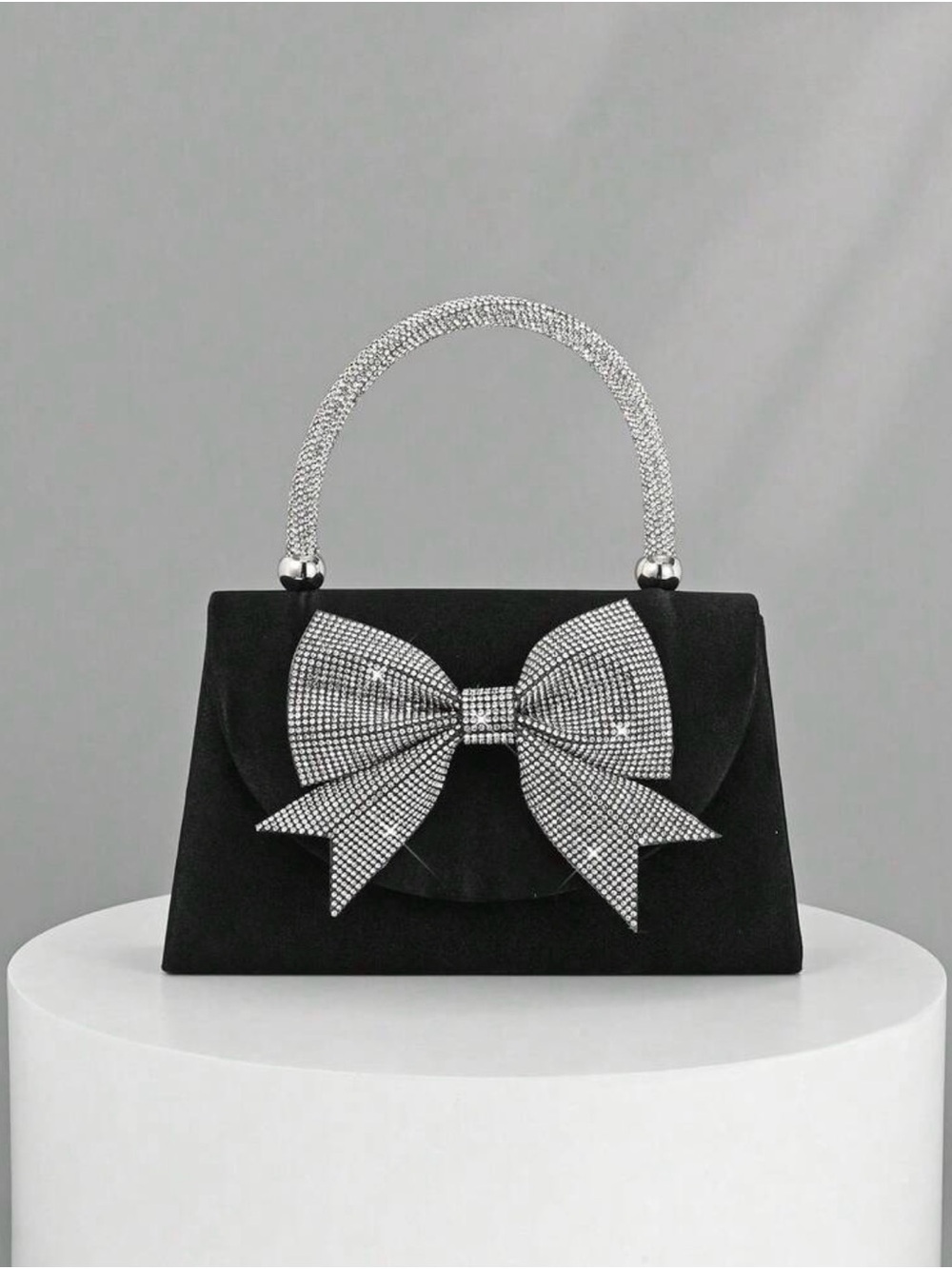 Black Crystal Bow Top-Handle Clutch - Picture 1 of 7